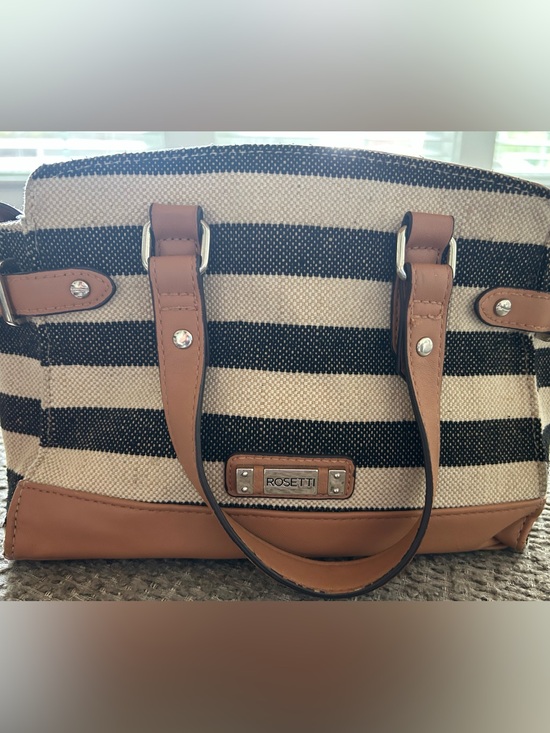 Rosetti Handbags - Rosetti Navy and Cream Striped Canvas Tote with Tan Trim and Handles